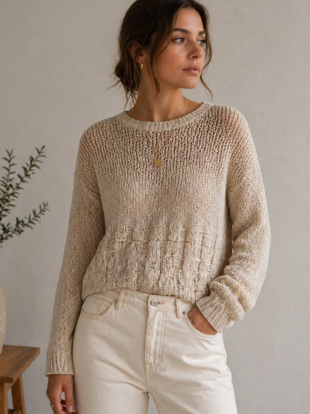 Vintage Oui Linen Sweater Women L Oatmeal Beige Knit Lightweight Minimalist